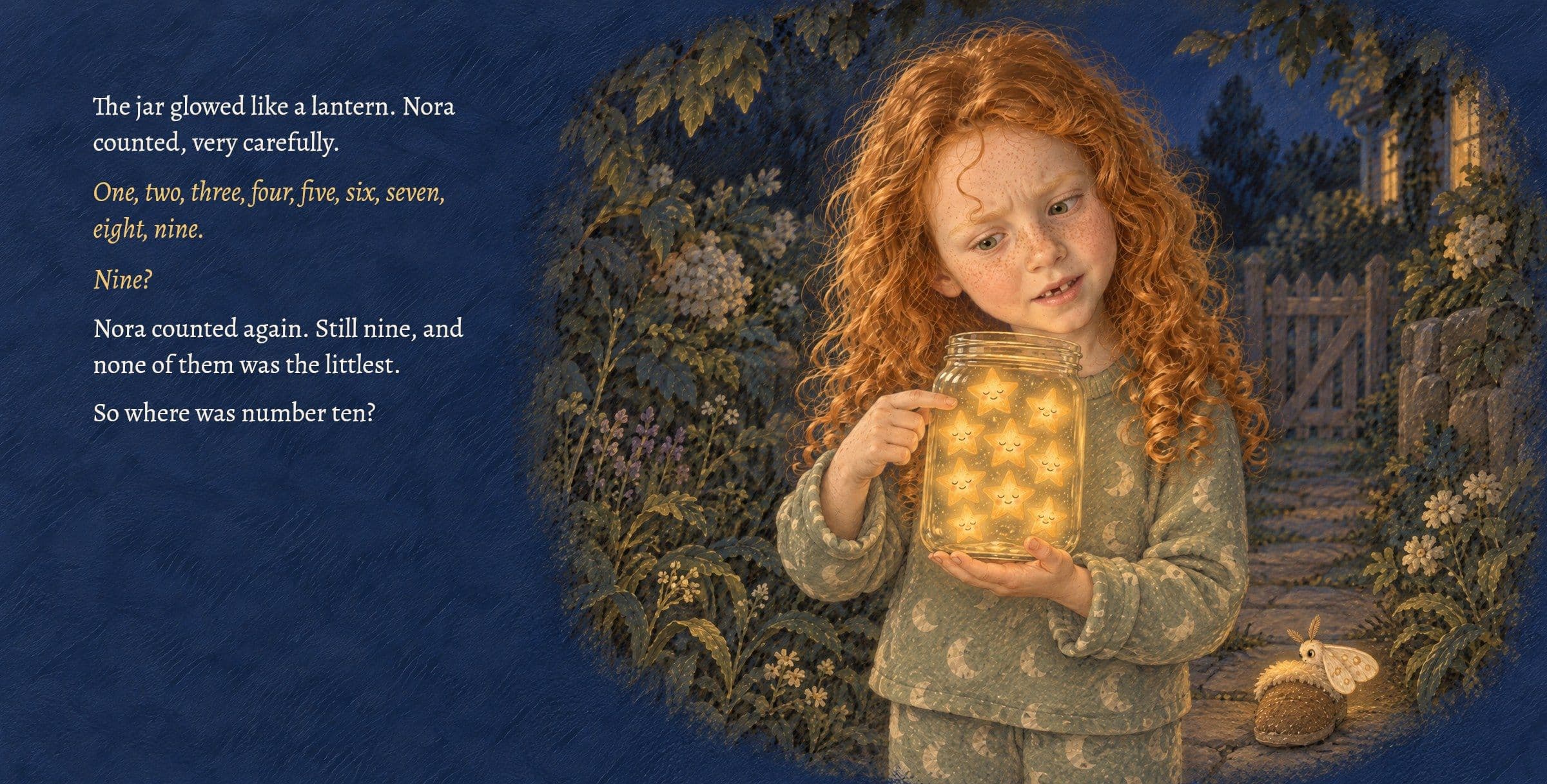 Nora counts nine stars in the jar. Where is number ten?. The jar glowed like a lantern. Nora counted, very carefully.

One, two, three, four, five, six, seven, eight, nine.

Nine?

Nora counted again. Still nine, and none of them was the littlest.

So where was number ten?