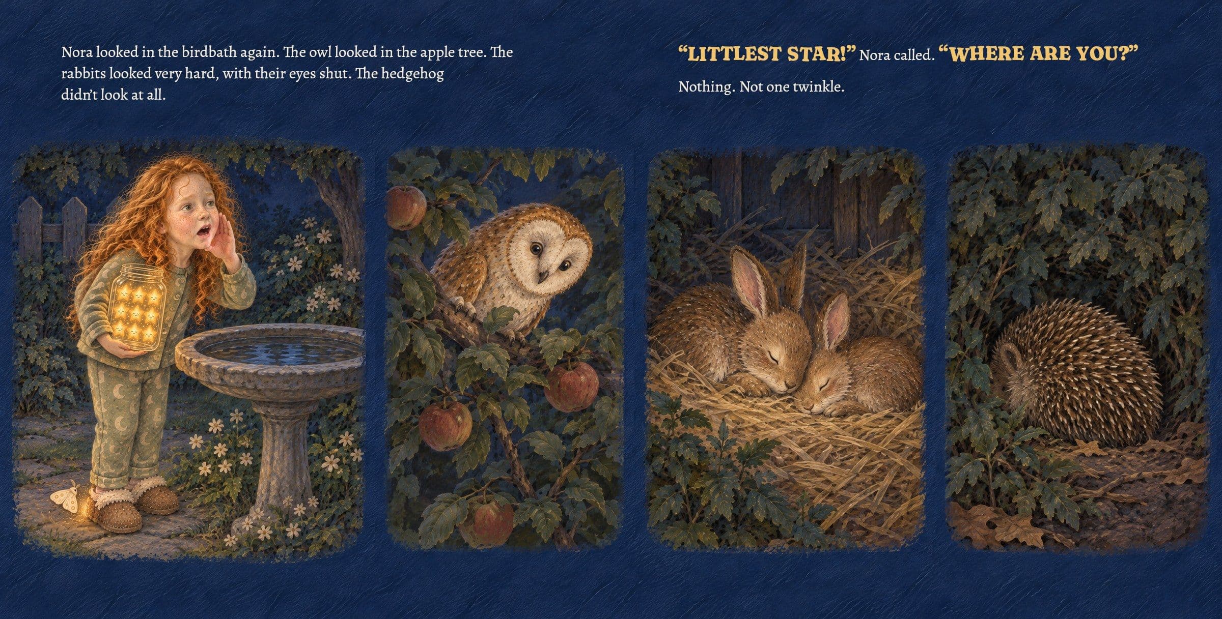 Nora, the owl, the rabbits and the hedgehog search the garden. Nora looked in the birdbath again. The owl looked in the apple tree. The rabbits looked very hard, with their eyes shut. The hedgehog didn’t look at all.

“LITTLEST STAR!” Nora called. “WHERE ARE YOU?”

Nothing. Not one twinkle.