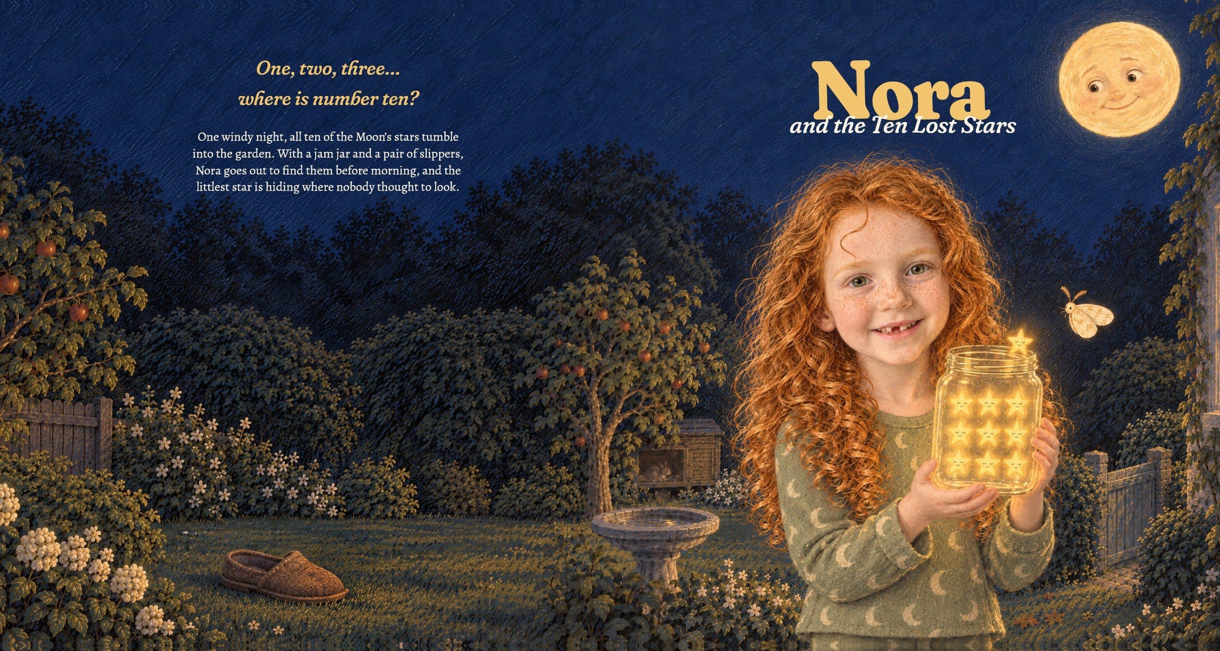 The whole cover opened flat: the moonlit garden with a slipper on the back, running on round the spine to the front with Nora and the jar of stars