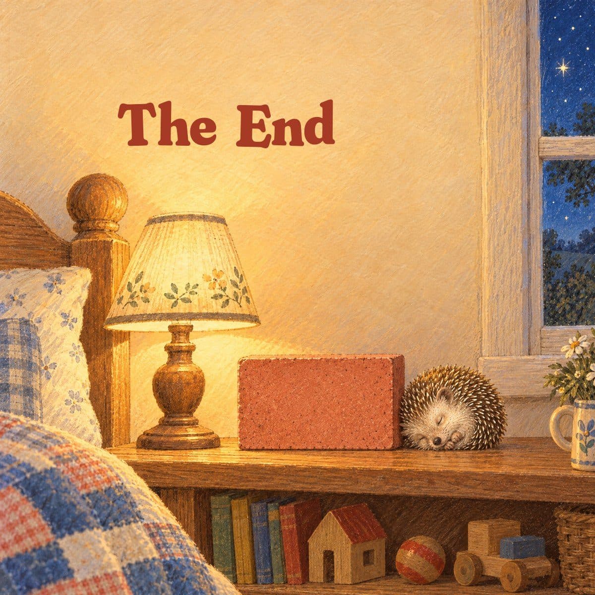 The End, above a brick on a bedside shelf with the hedgehog asleep beside it
