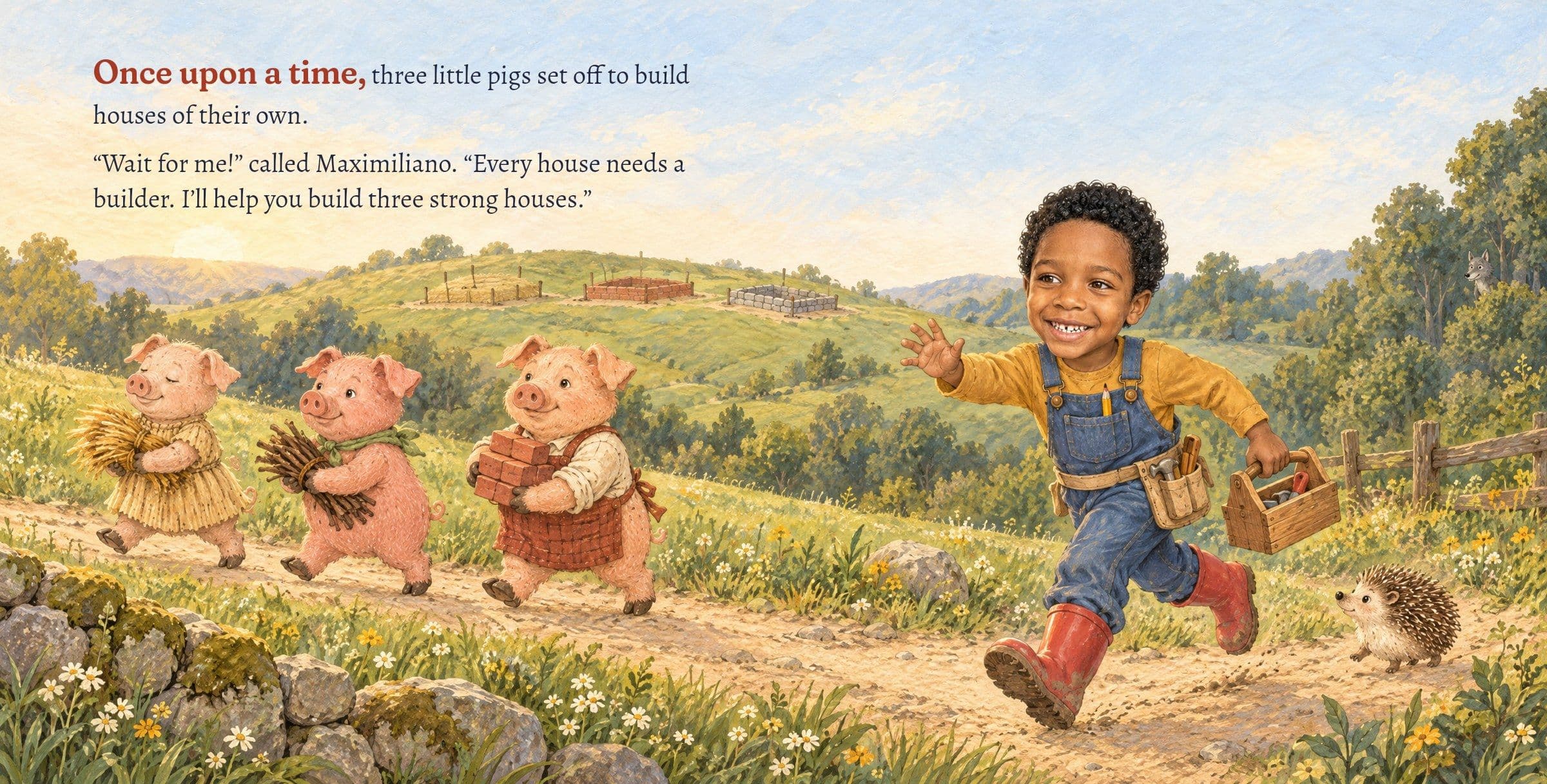 Maximiliano runs after three little pigs setting off down the hill. Once upon a time, three little pigs set off to build houses of their own.

“Wait for me!” called Maximiliano. “Every house needs a builder. I’ll help you build three strong houses.”