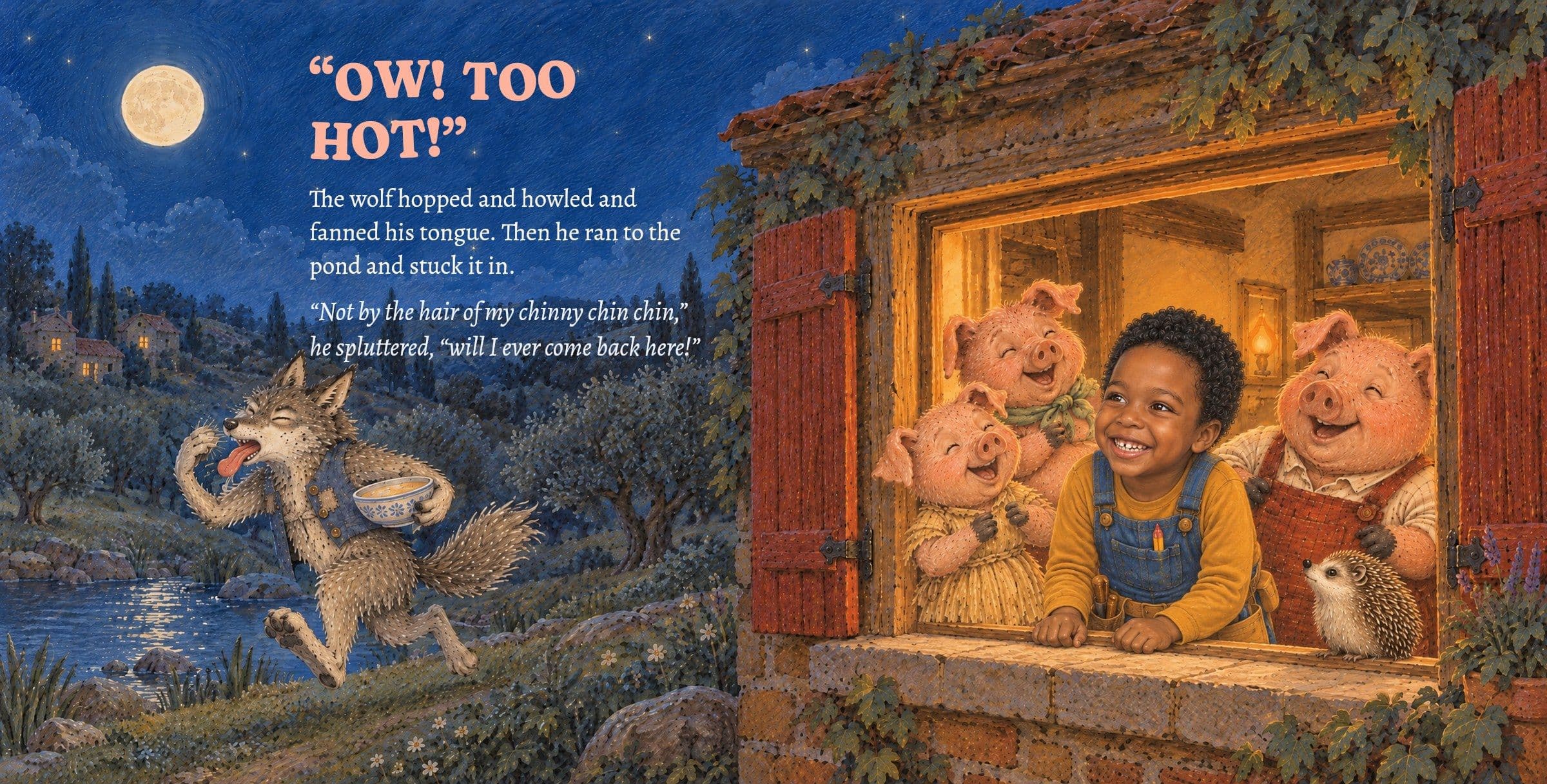 Too hot! The wolf runs to the pond while everyone laughs at the window. “OW! TOO HOT!”

The wolf hopped and howled and fanned his tongue. Then he ran to the pond and stuck it in.

“Not by the hair of my chinny chin chin,” he spluttered, “will I ever come back here!”