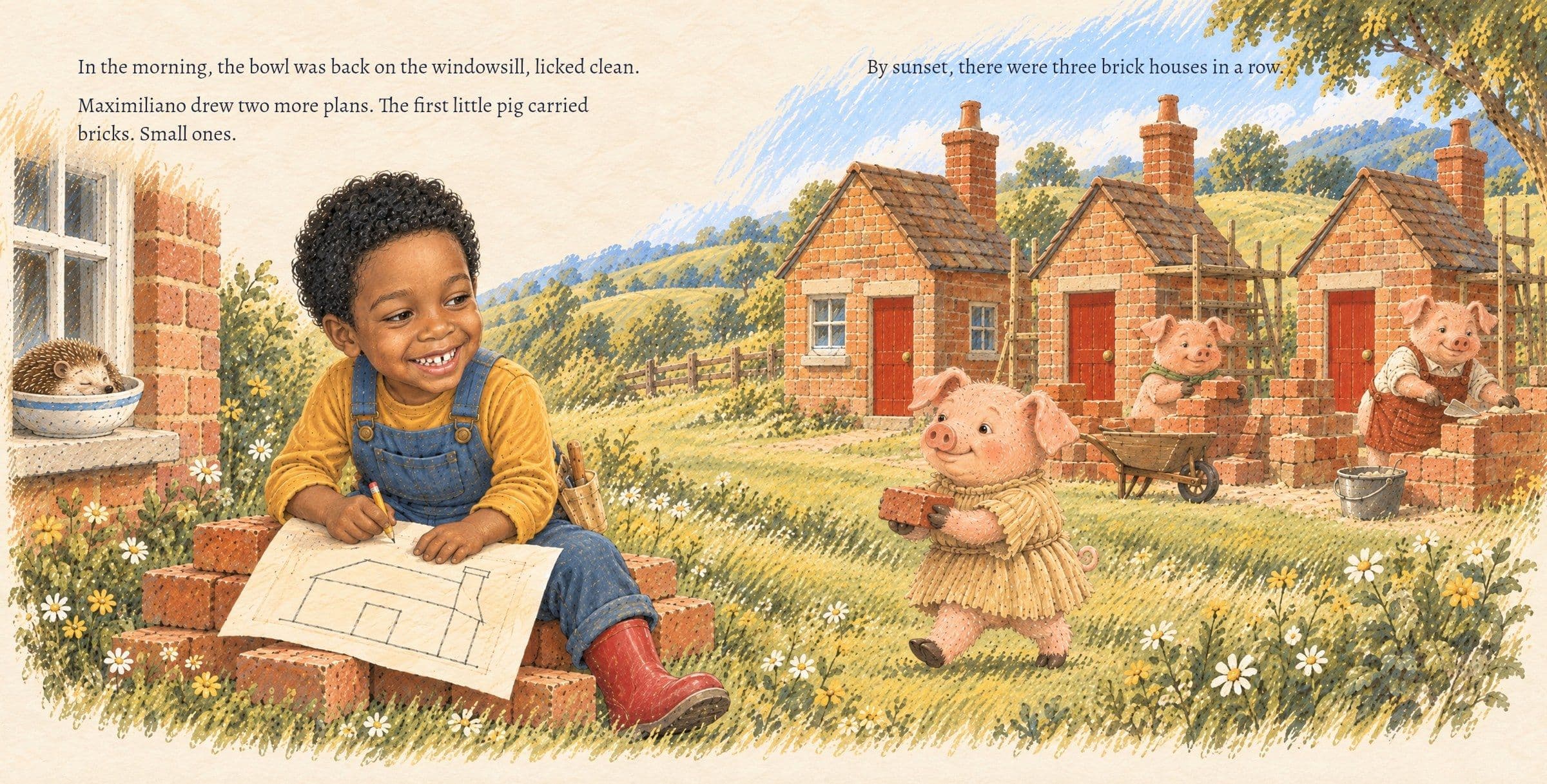 Morning: three brick houses go up in a row. In the morning, the bowl was back on the windowsill, licked clean.

Maximiliano drew two more plans. The first little pig carried bricks. Small ones.

By sunset, there were three brick houses in a row.