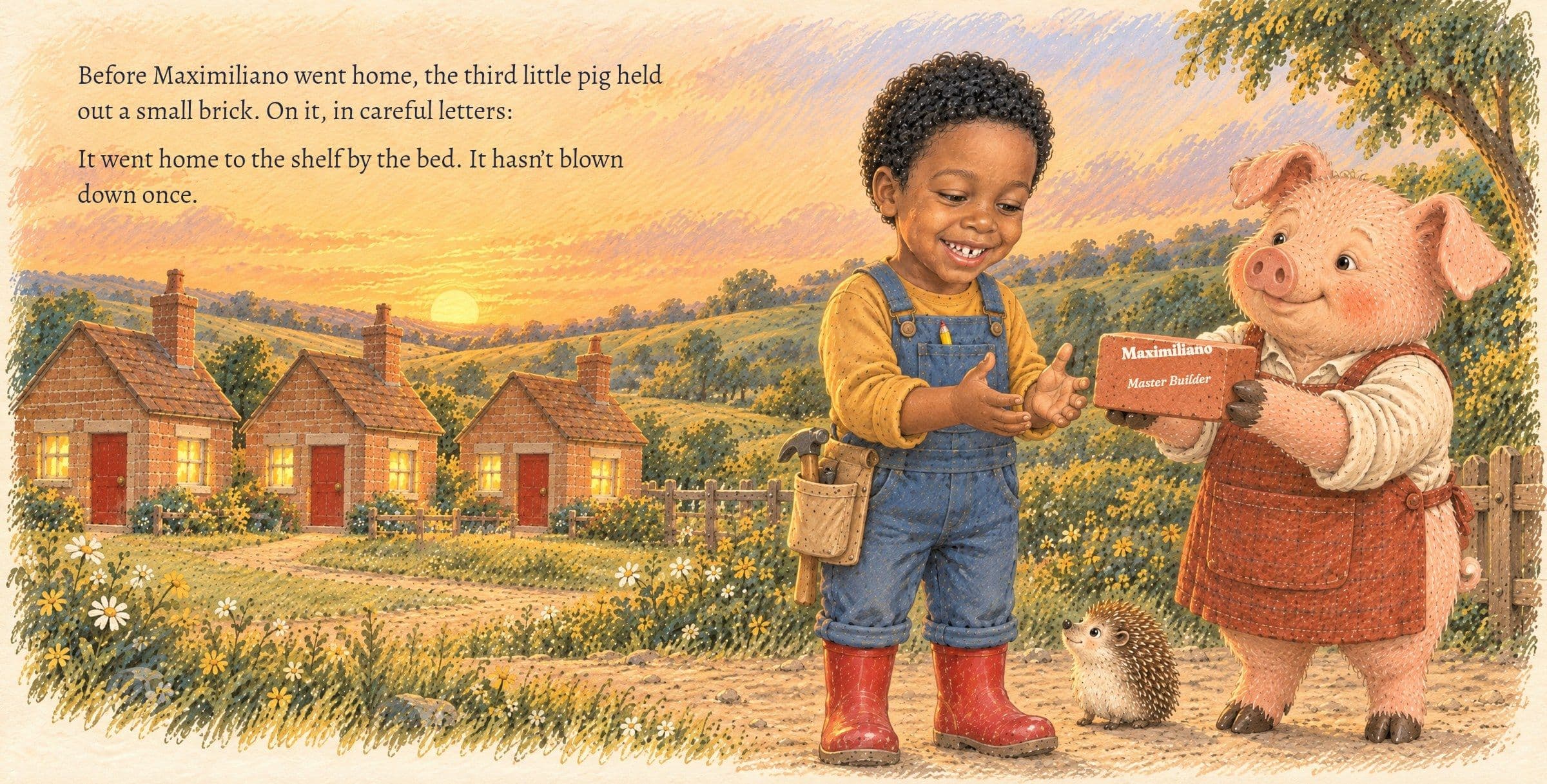 The third pig gives Maximiliano a brick: Maximiliano, Master Builder. Before Maximiliano went home, the third little pig held out a small brick. On it, in careful letters:

Maximiliano, Master Builder

It went home to the shelf by the bed. It hasn’t blown down once.