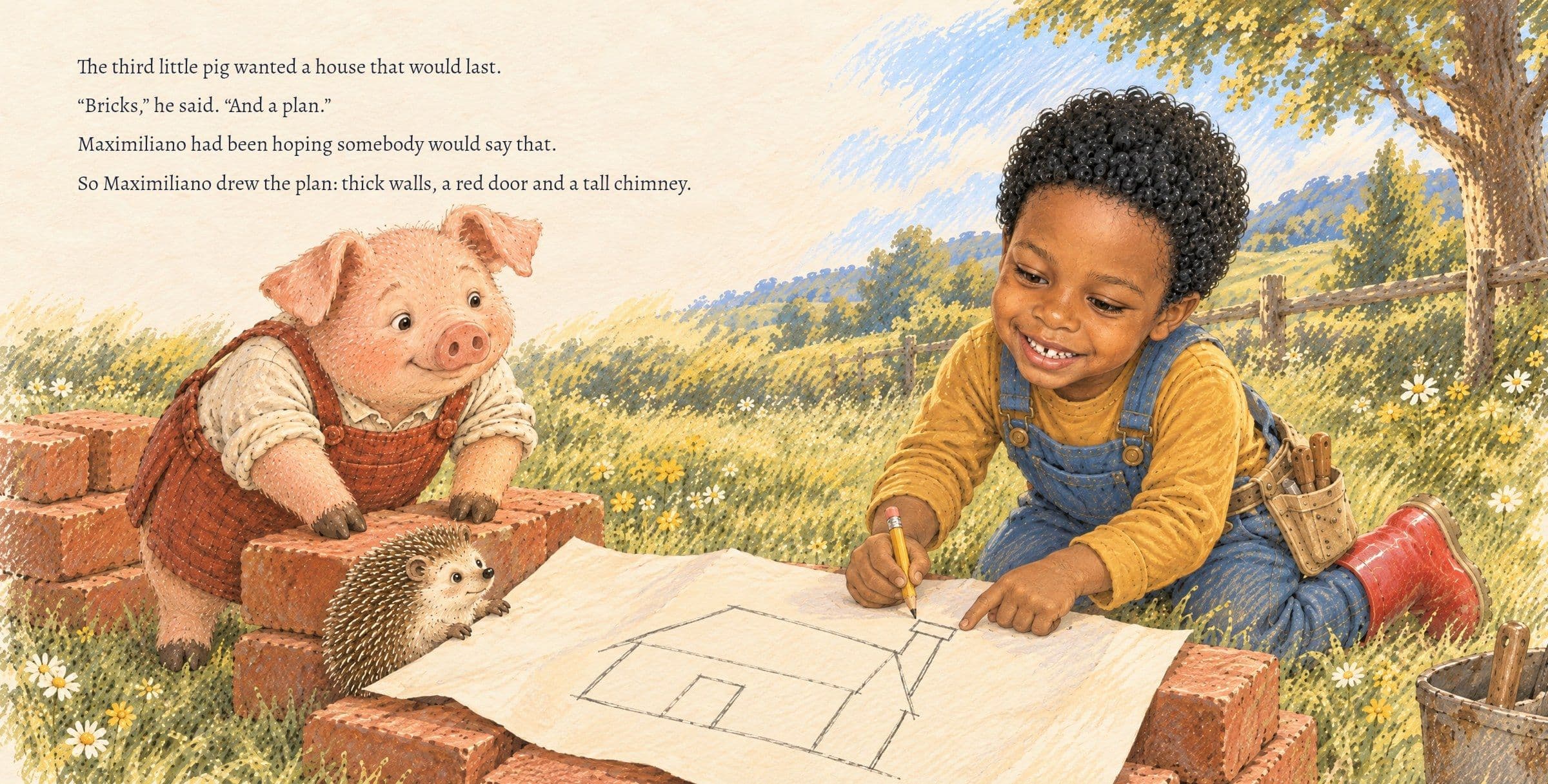 Maximiliano draws a plan for the brick house with the third pig