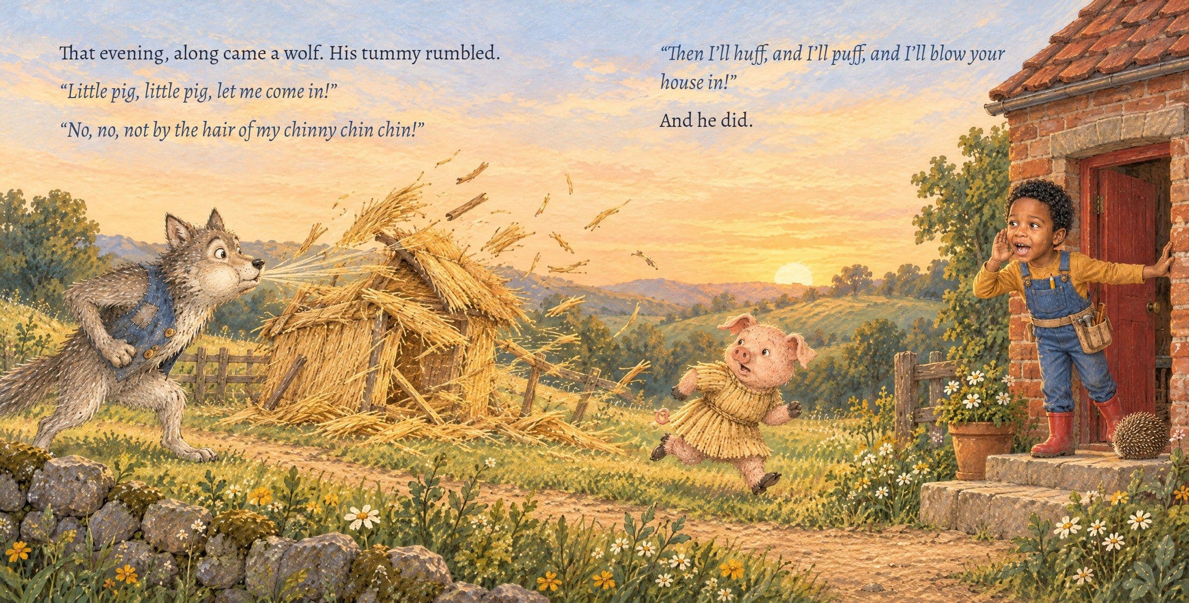 The wolf blows the straw house down; Maximiliano calls the pig to the brick house. That evening, along came a wolf. His tummy rumbled.

“Little pig, little pig, let me come in!”

“No, no, not by the hair of my chinny chin chin!”

“Then I’ll huff, and I’ll puff, and I’ll blow your house in!”

And he did.
