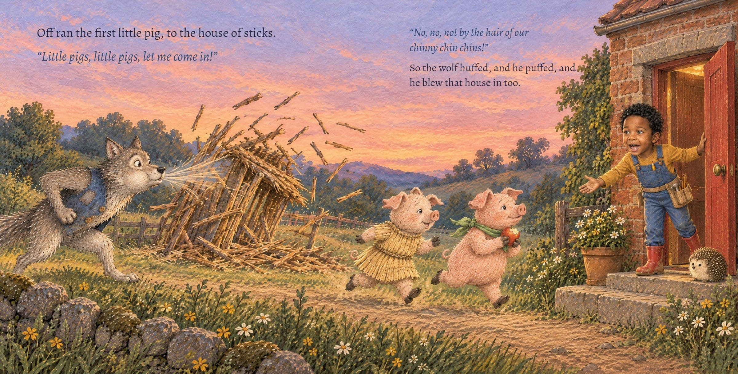 The wolf blows the stick house down; two pigs run to the brick house