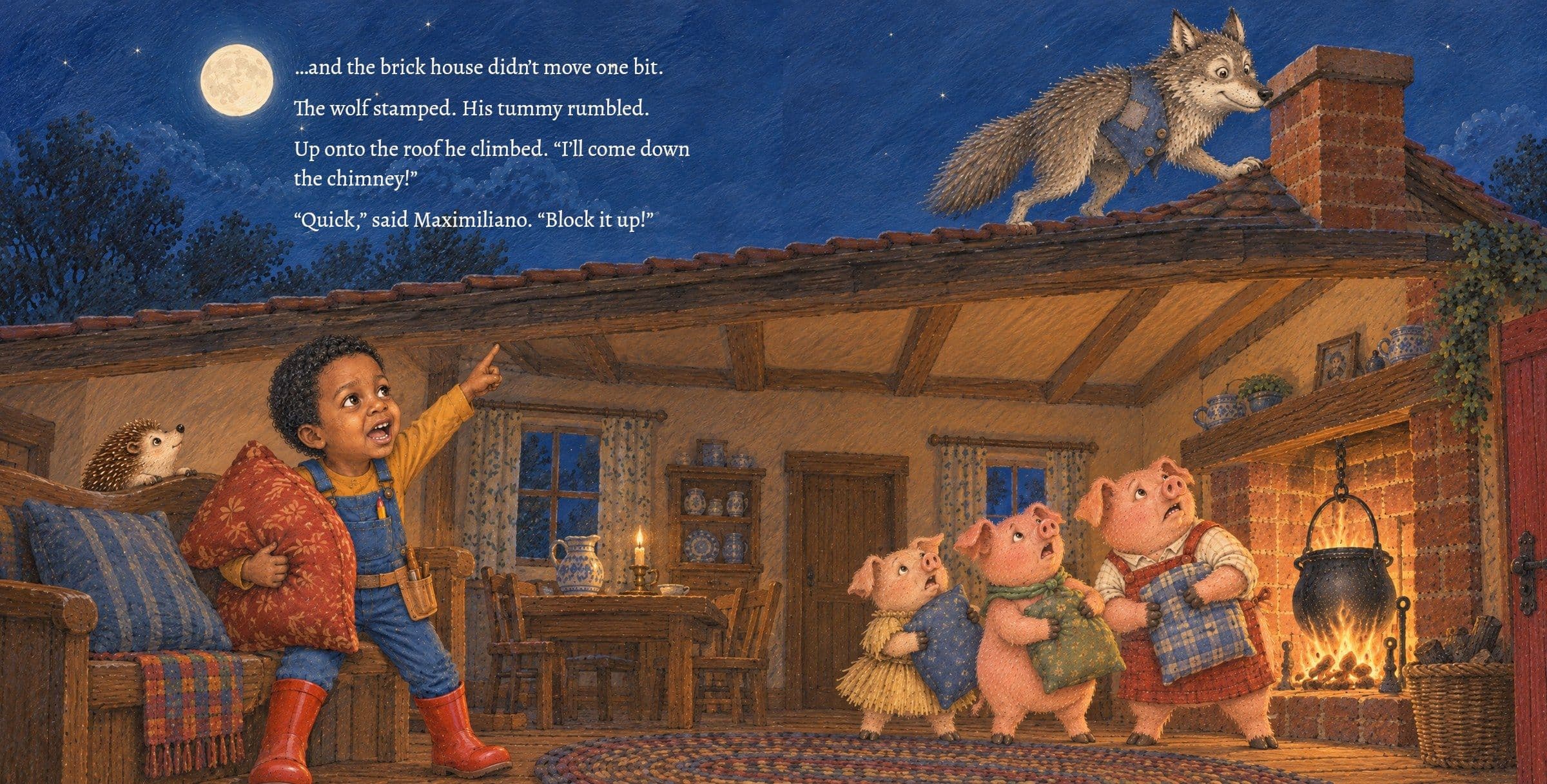 The wolf climbs onto the roof; Maximiliano grabs a cushion. …and the brick house didn’t move one bit.

The wolf stamped. His tummy rumbled.

Up onto the roof he climbed. “I’ll come down the chimney!”

“Quick,” said Maximiliano. “Block it up!”