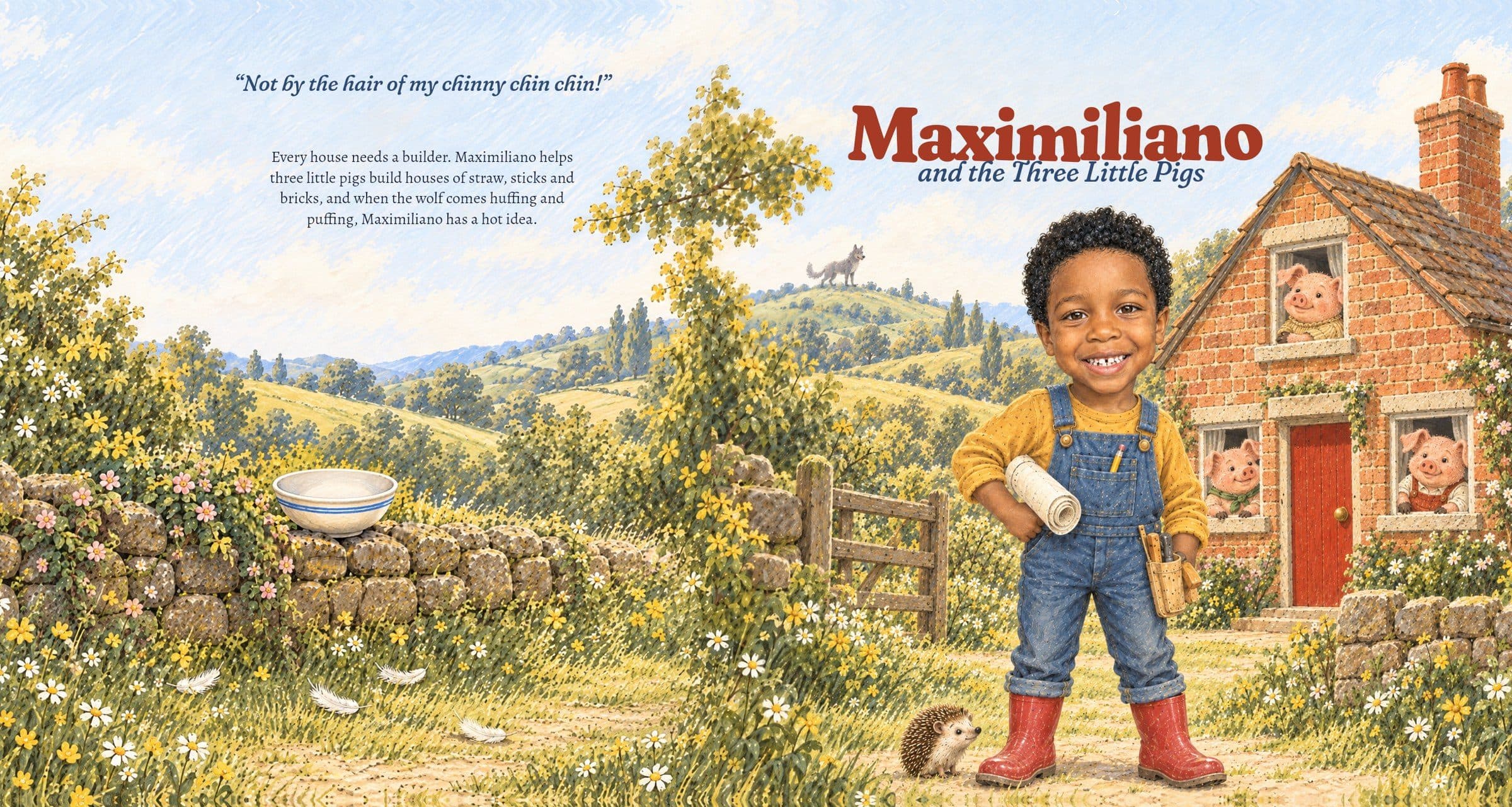 The whole cover opened flat: the soup bowl on the wall on the back, running on round the spine to the front with Maximiliano at the brick house