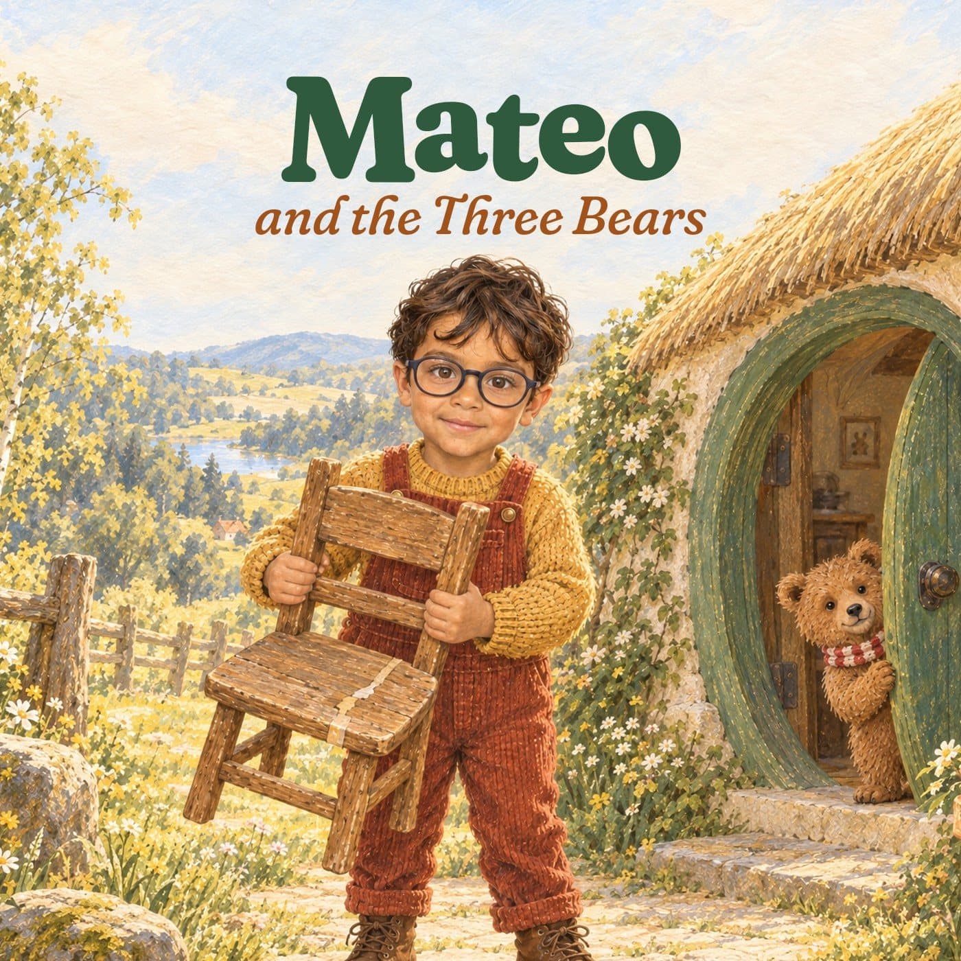 Front cover: Mateo and the Three Bears. A boy with glasses holds a mended wooden chair at a round green cottage door, a bear cub peeking round the frame