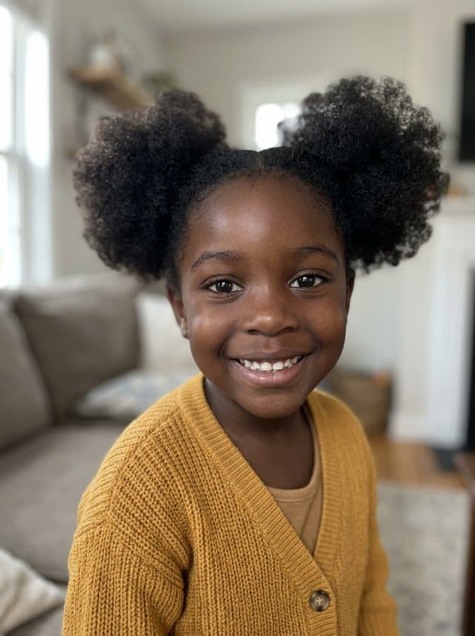 Photo of Amara, an invented girl with deep brown skin and two big coily puffs, made with AI