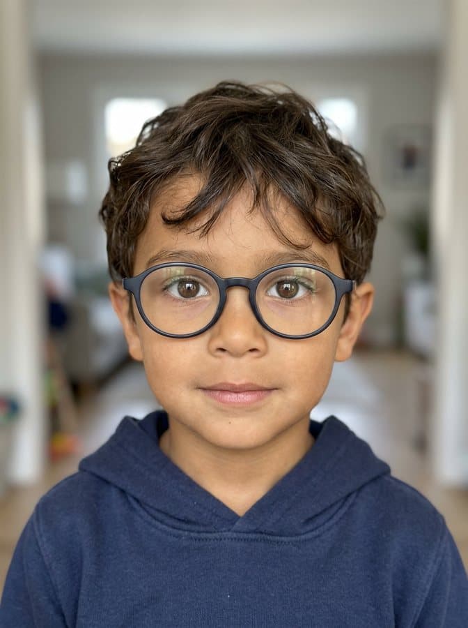 Photo of Mateo, an invented boy with glasses and wavy dark hair, made with AI