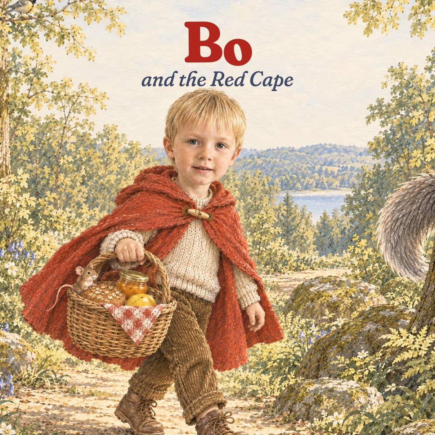 Front cover: Bo and the Red Cape. A fair-haired child in a red cape walks a sunny woods path with a basket, a grey wolf's tail curling from behind a tree