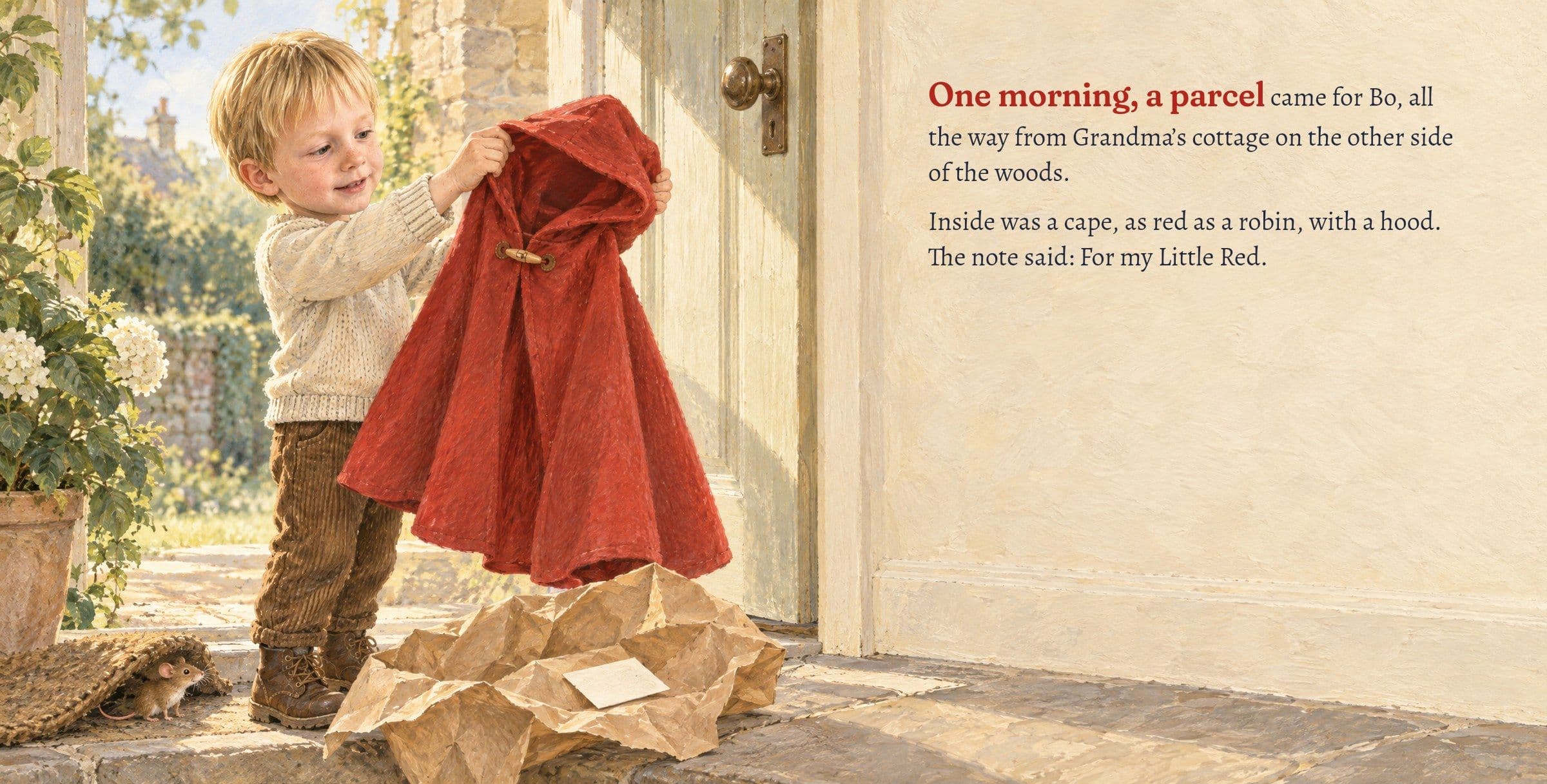 Bo lifts a red cape out of a parcel on the doorstep. One morning, a parcel came for Bo, all the way from Grandma’s cottage on the other side of the woods. Inside was a cape, as red as a robin, with a hood. The note said: For my Little Red.