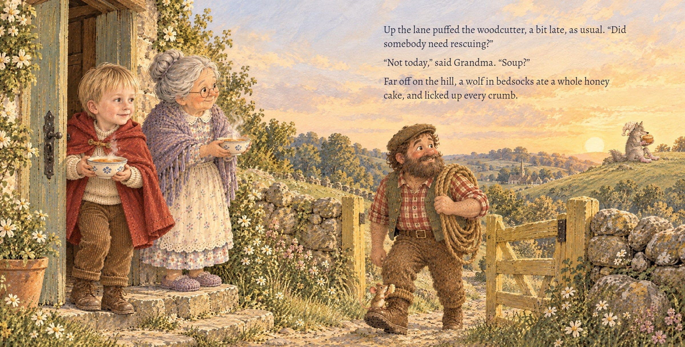 The woodcutter arrives late; far off, the wolf eats the honey cake. Up the lane puffed the woodcutter, a bit late, as usual. “Did somebody need rescuing?” “Not today,” said Grandma. “Soup?” Far off on the hill, a wolf in bedsocks ate a whole honey cake, and licked up every crumb.