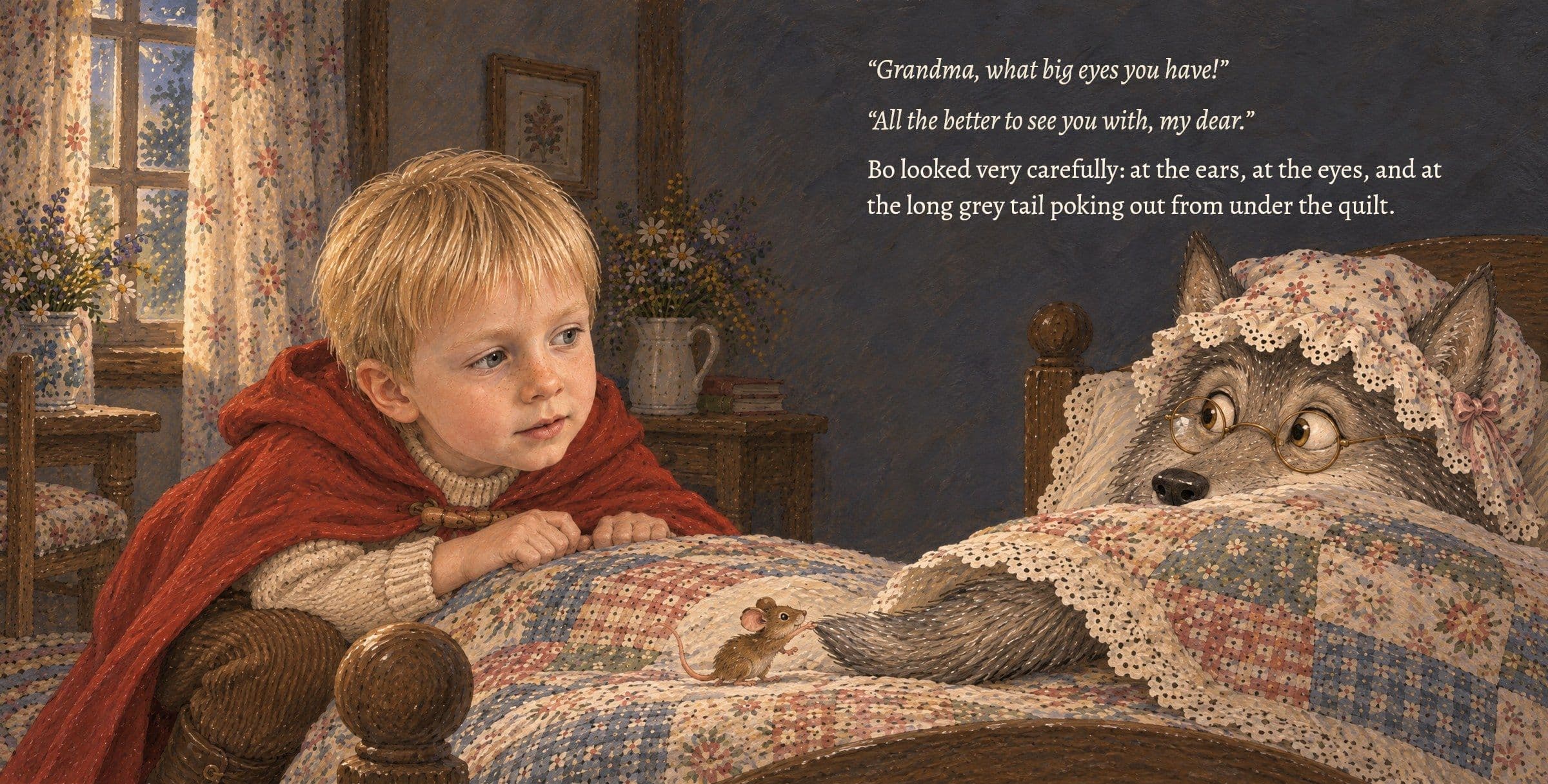 Bo looks carefully at the big eyes over the spectacles and the tail under the quilt. “Grandma, what big eyes you have!” “All the better to see you with, my dear.” Bo looked very carefully: at the ears, at the eyes, and at the long grey tail poking out from under the quilt.
