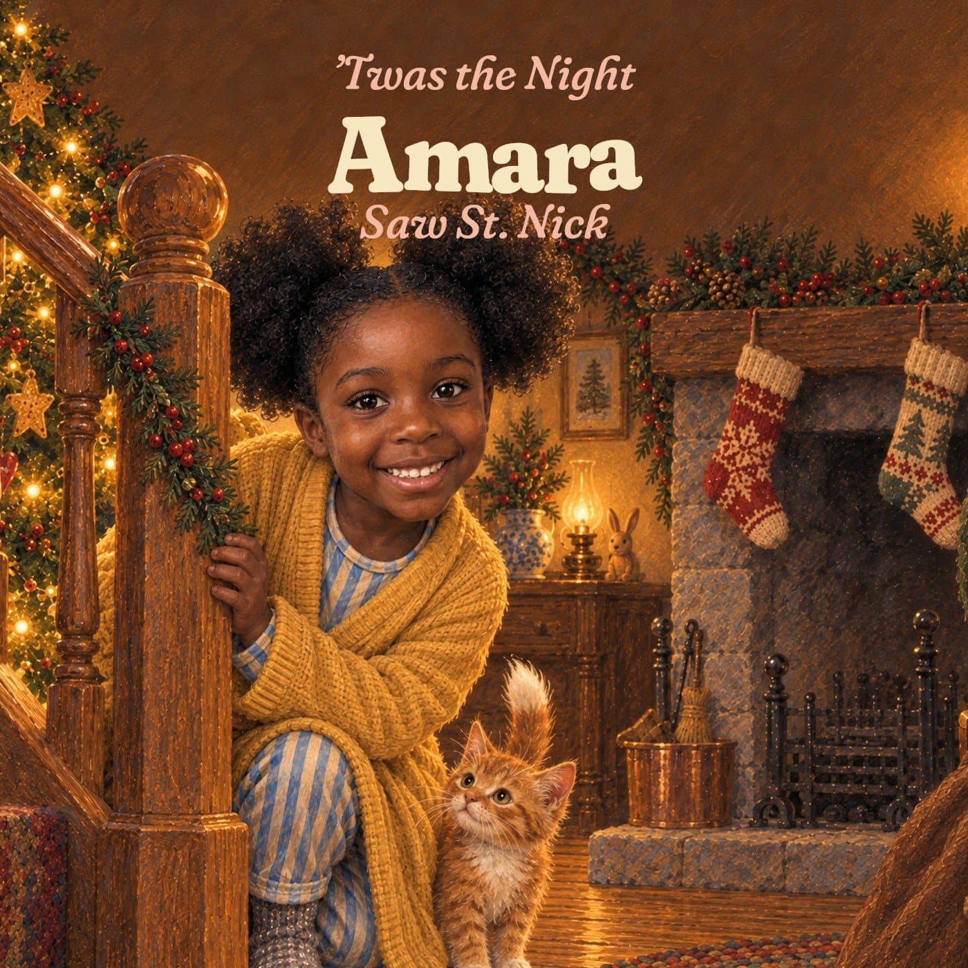 Front cover: ’Twas the Night Amara Saw St. Nick. A smiling girl with two curly puffs, in a mustard dressing gown, peeks round the banister on Christmas Eve, a ginger kitten at her side and stockings on the fireplace behind