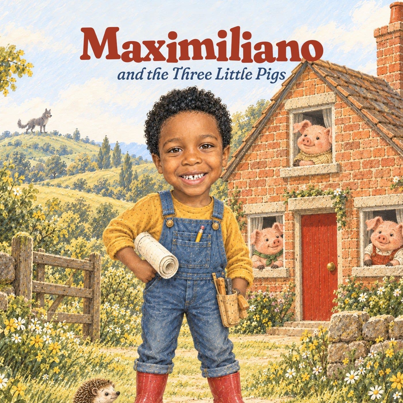 Front cover: Maximiliano and the Three Little Pigs. A grinning boy in dungarees holds a rolled plan in front of a brick house, three pigs at the windows