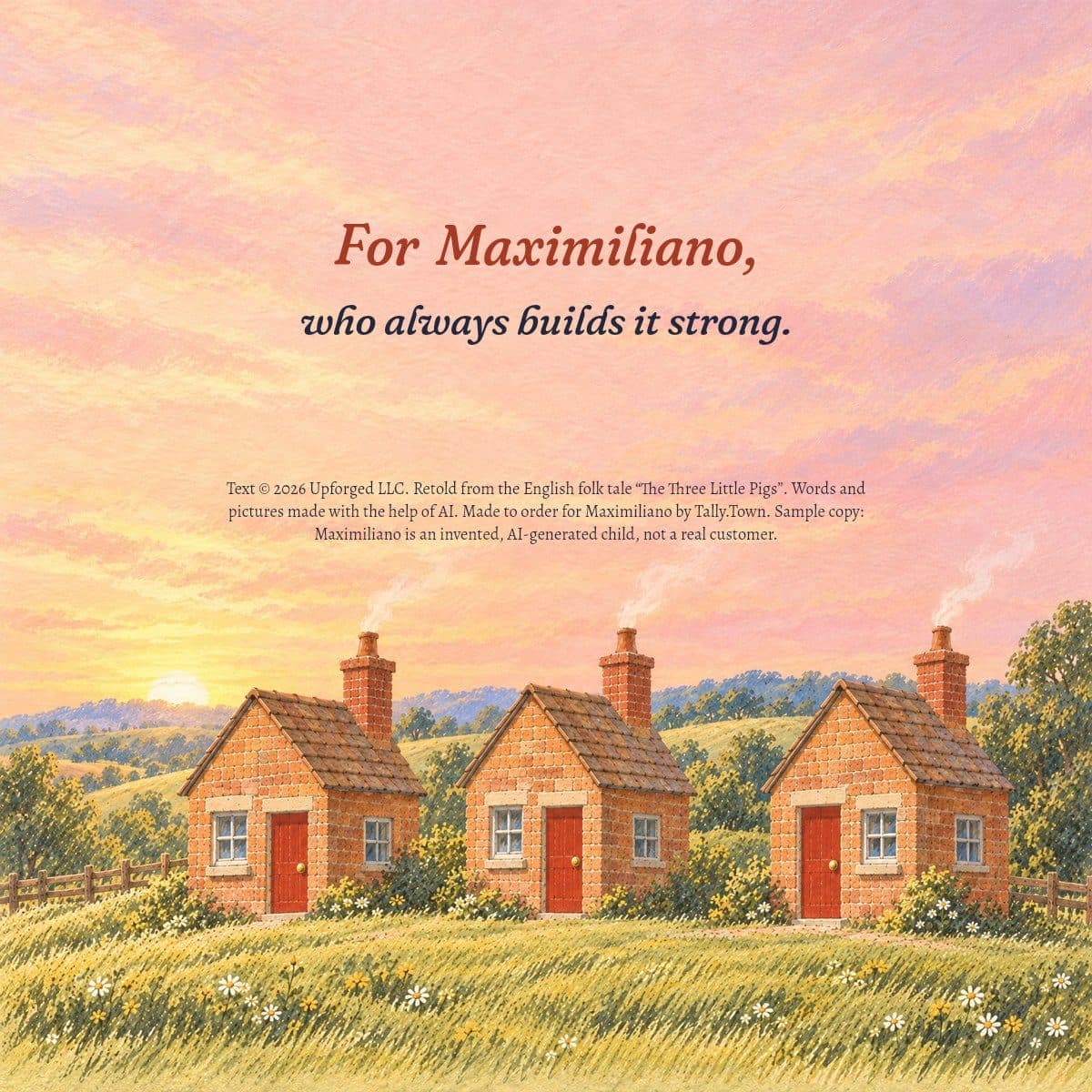 Dedication page: three brick houses at dawn, For Maximiliano, who always builds it strong